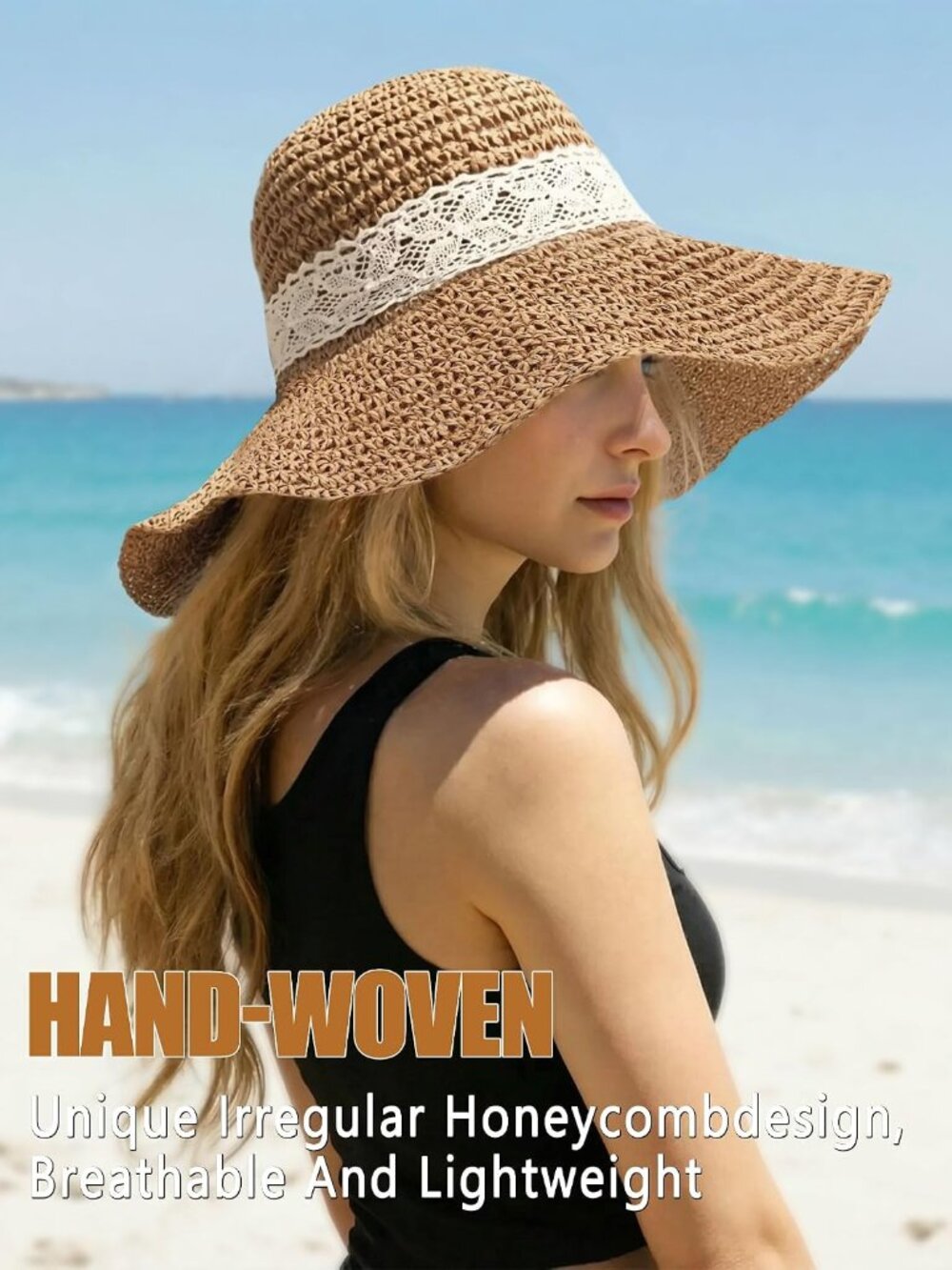 Beach Straw Hats for Women, Handmade Floppy Bucket Sun Hat for Summer Vacation W - Picture 2 of 6